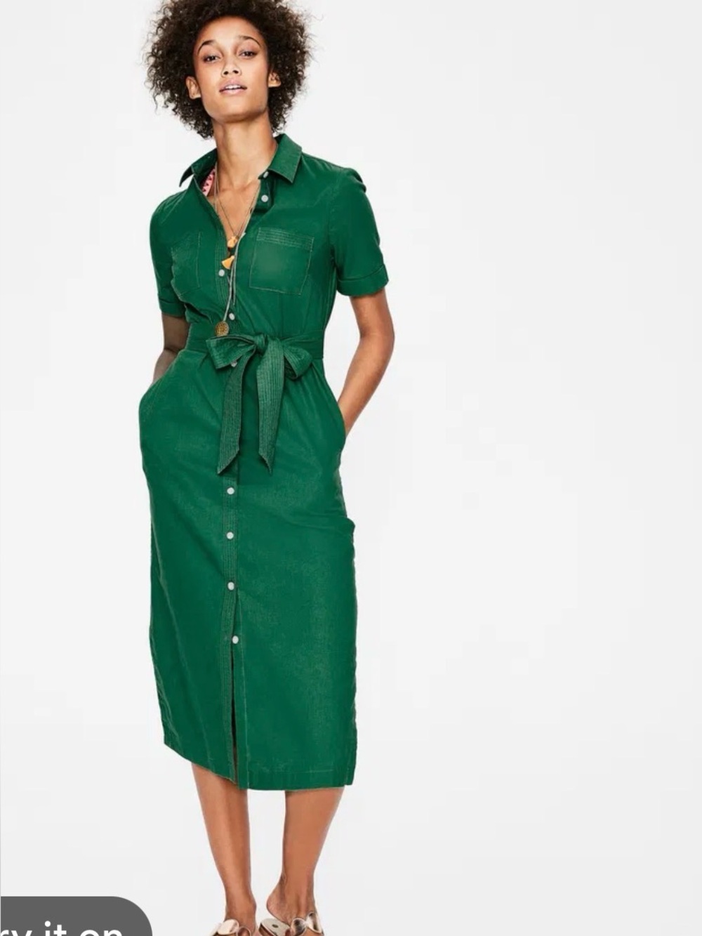 Boden Button-Front Shirt Dress | Green | Size 6L  *MISSING TIE BELT*